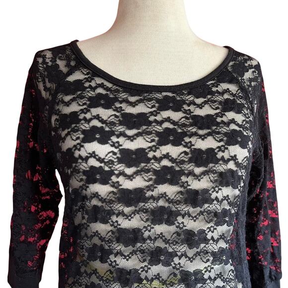 Womens Top Size Medium Black Lace Sheer Biker Layering Soft Goth Office Party - Picture 2 of 8